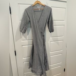 Apiece Apart midi blue pinstripe wrap dress v-neck